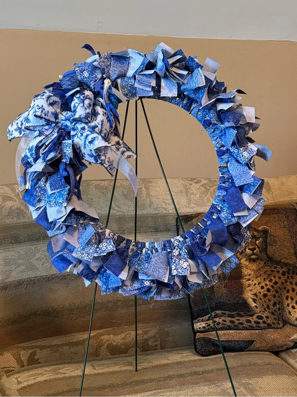 Handmade Blue Fabric Holiday Wreath with Bow